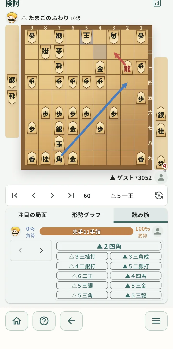 検討画面の読み筋タブ。AIの最善手の続きを表示